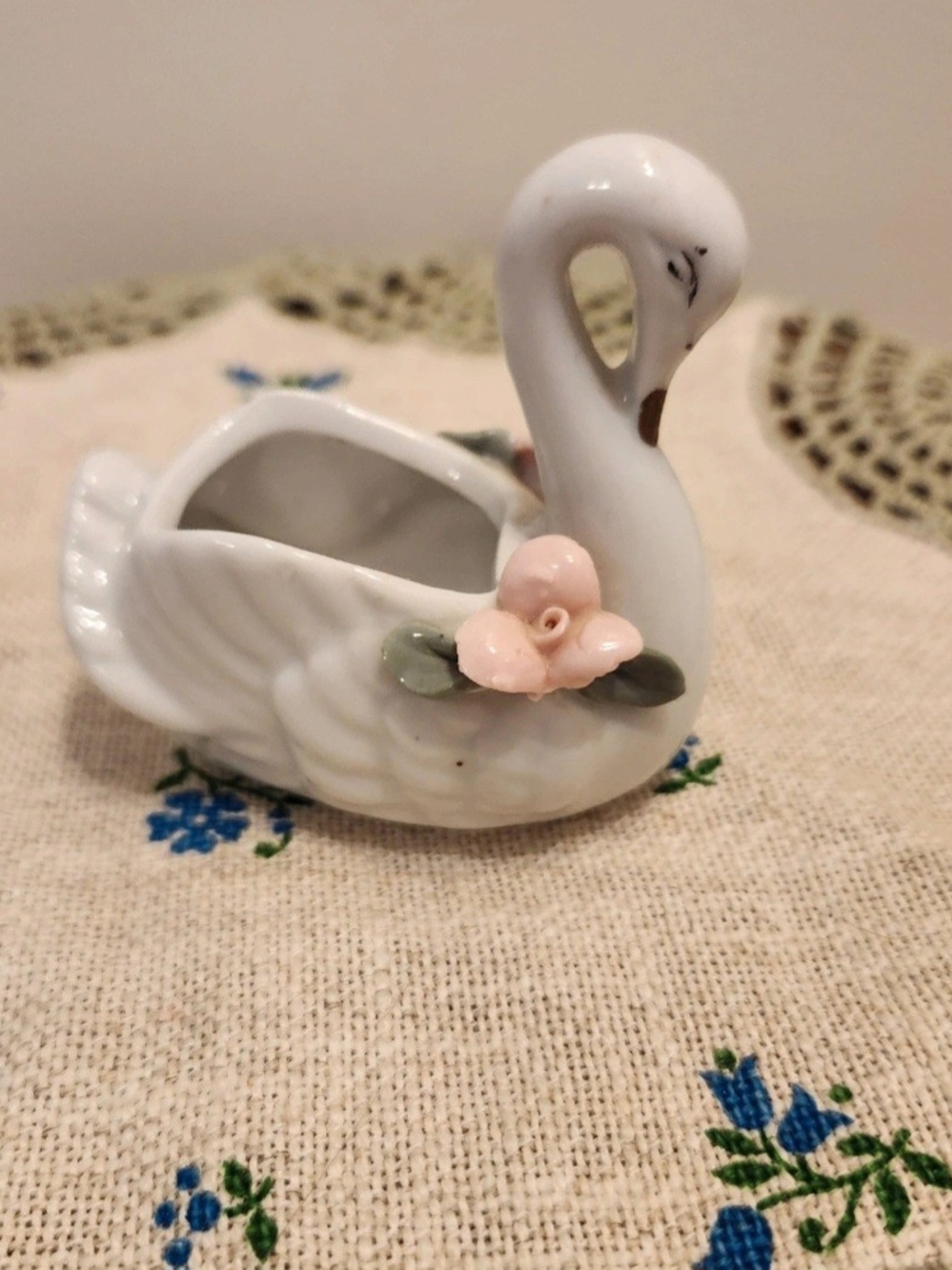 Vintage Porcelain Swan Ring Holder / Trinket Dish with Pink Flower Accents